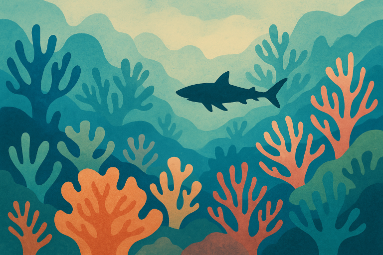 تصویر انتزاعی صخره مرجانی با سایه‌ای از کوسه کوچک