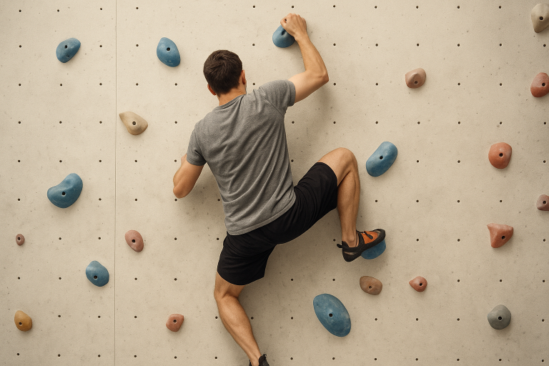 ورزشکار صخره‌نورد مرد در حال تمرین با دیوار سنگ نوردی