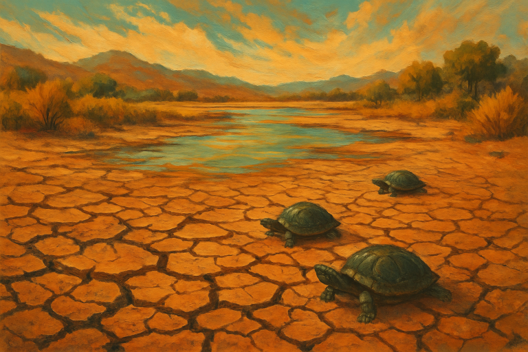 دریاچه خشکیده با لاک‌پشت مرده در پارک طبیعی