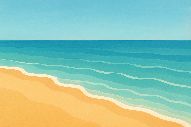 ساحل آرام با موج‌های ملایم و آسمان صاف