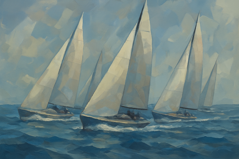 قایق های بادبانی مسابقه‌ای روی آب