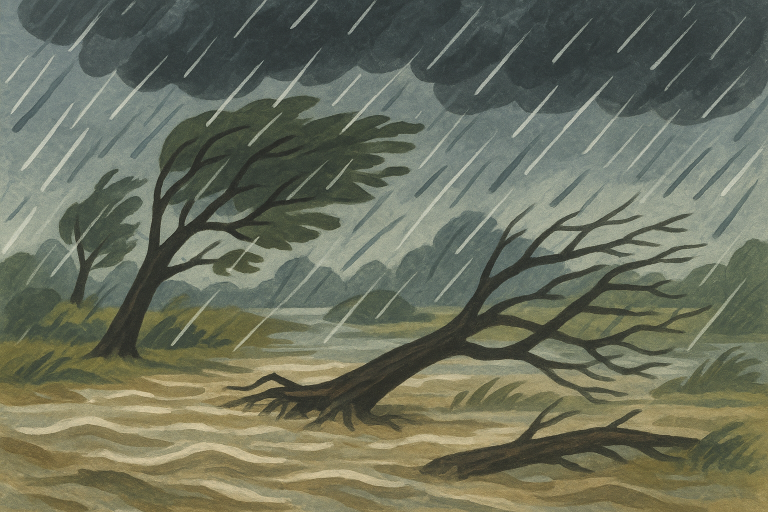 آبگرفتگی جاده‌ها و سقوط درختان پس از طوفان