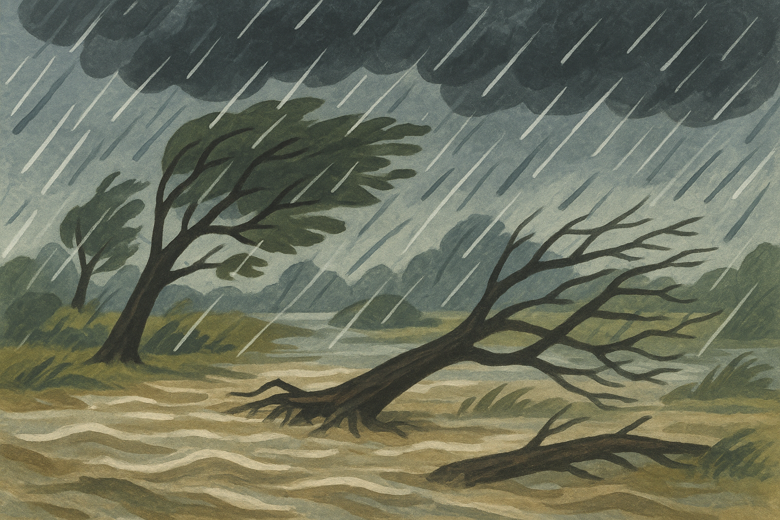 آبگرفتگی جاده‌ها و سقوط درختان پس از طوفان