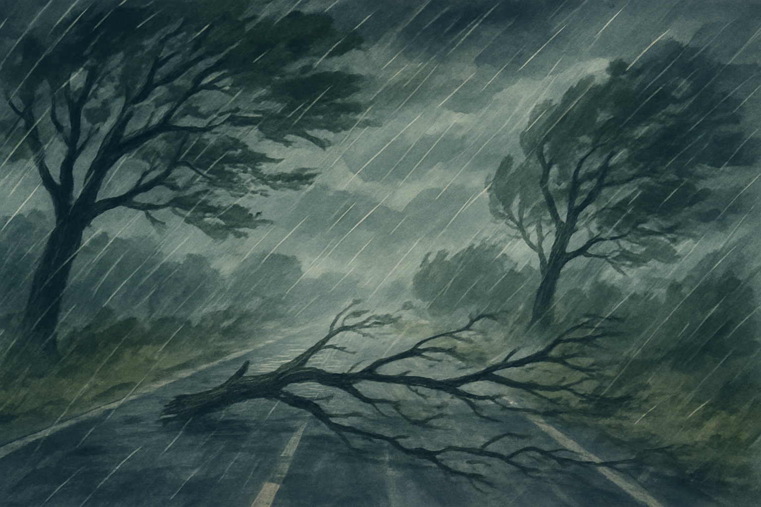 باد شدید و بارندگی همراه با سقوط شاخه های بزرگ روی جاده