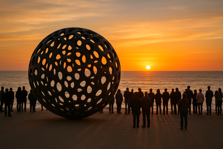 مجسمه کروی هورایزن بال در غروب آفتاب