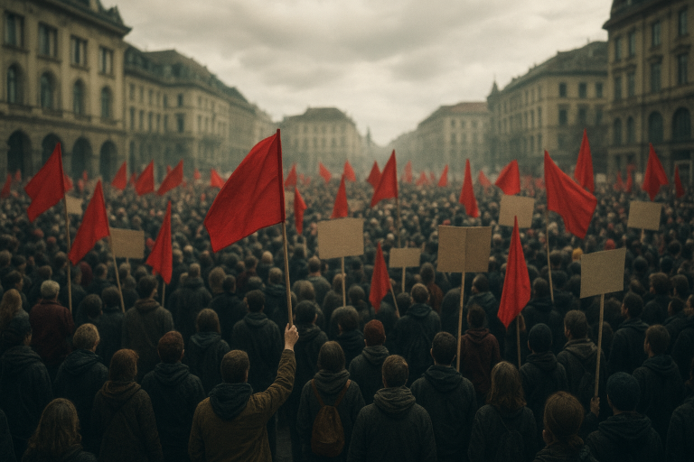 تجمع اعتراضی مردم با پرچم‌های قرمز و سفید گرینلند