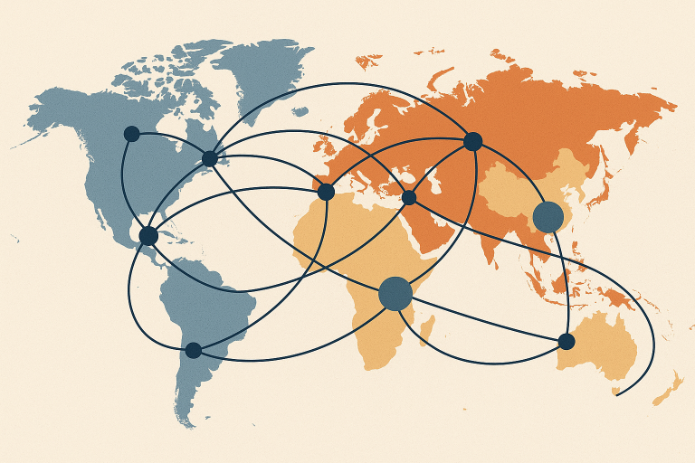 تصویری مفهومی از نقشه جهان با تمرکز بر روابط بین‌الملل