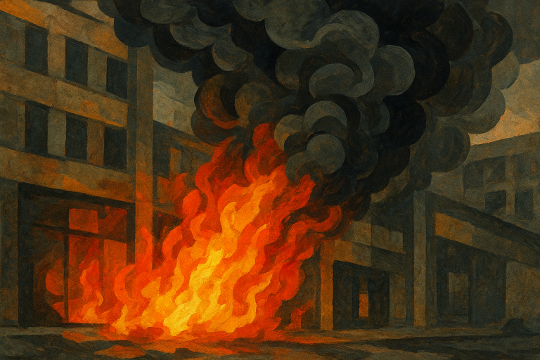 آتش سوزی در مرکز خرید چند طبقه با دود سیاه بلند شده