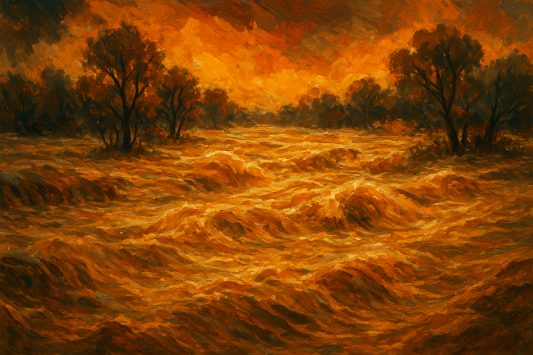 رودخانه‌ای پرآب با جریان سریع آب پس از بارش شدید باران