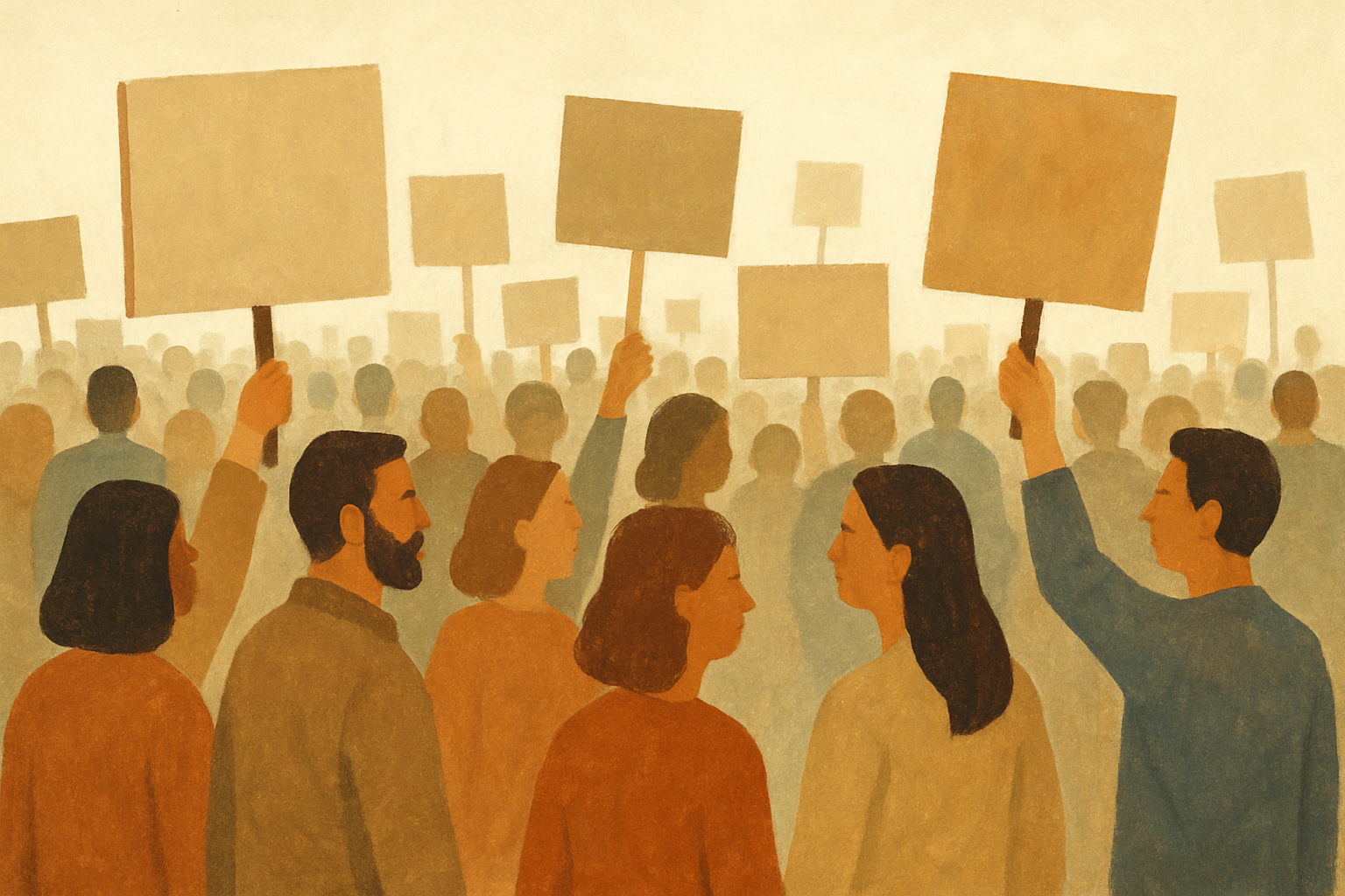 تجمع اعتراضی گروهی از مردم با پلاکاردها در فضای شهری