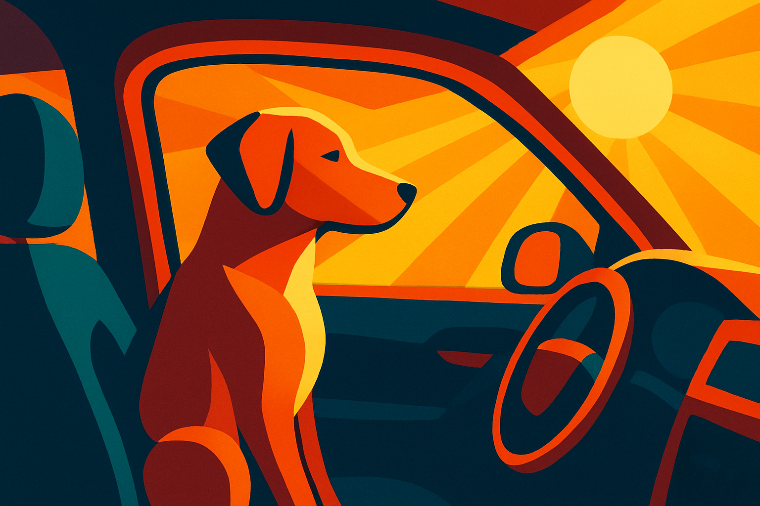 سگ داخل خودرو با نور خورشید