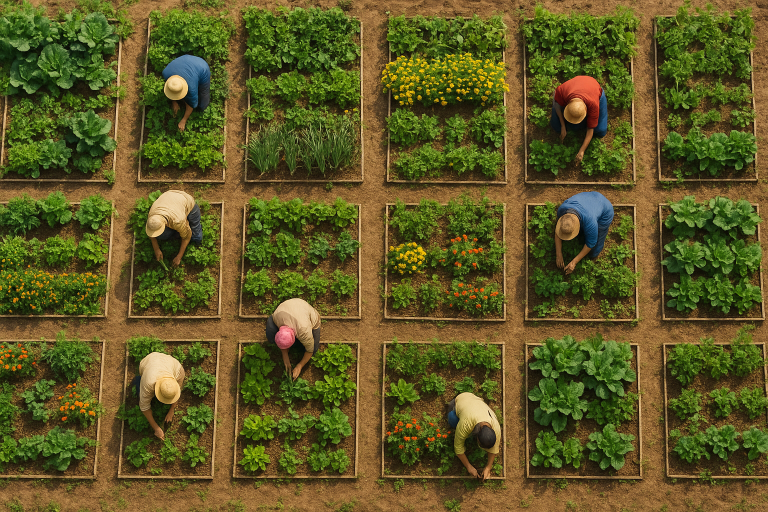 نمای کلی باغچه اجتماعی تاونسویل با زمین‌های کشاورزی کوچک