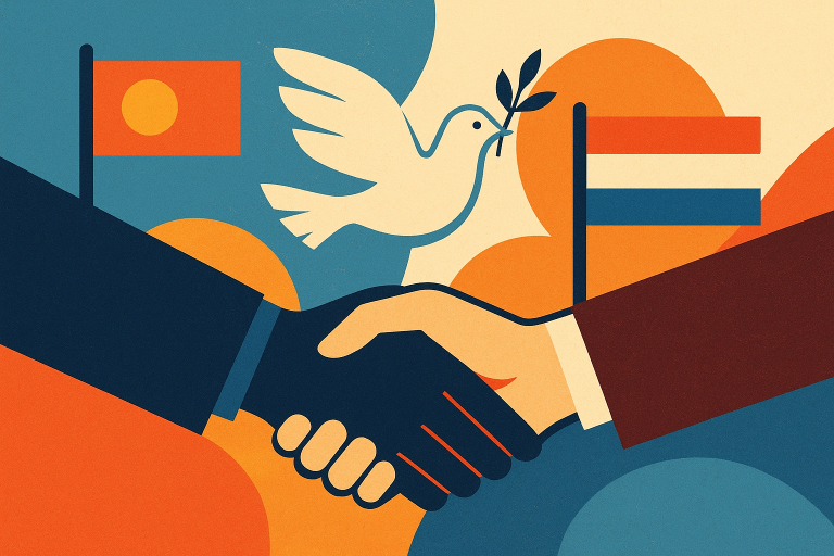 نشست خبری با نمادهای دیپلماسی و پرچم‌ها