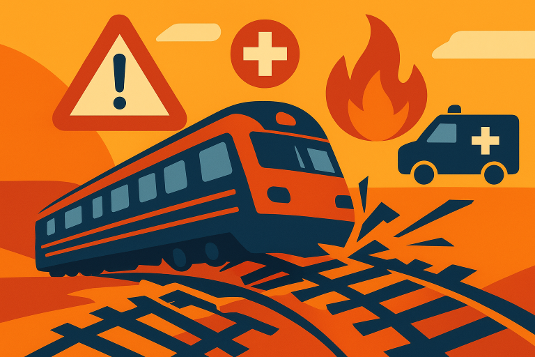 تصویر نمادین تصادف قطار با تمرکز بر خطوط راه‌آهن