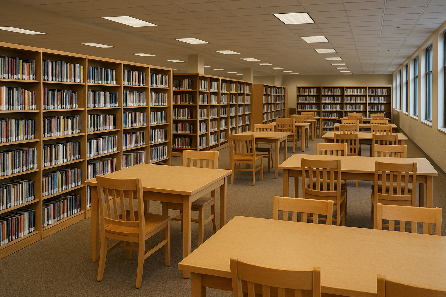 نمای داخلی یک کتابخانه عمومی با نور طبیعی و قفسه‌های پر از کتاب