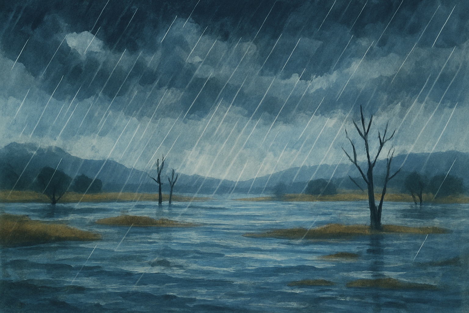 منظره‌ای کلی از رودخانه‌ای پرآب و آسمانی ابری