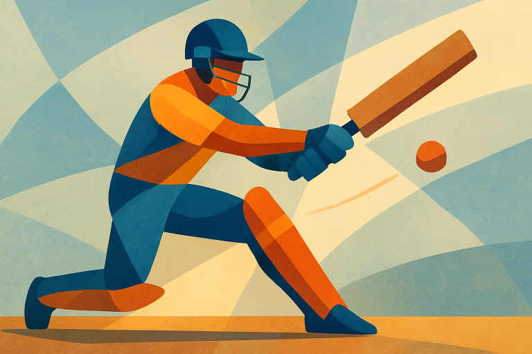 بازیکن کریکت با لباس ورزشی در حال ضربه زدن به توپ