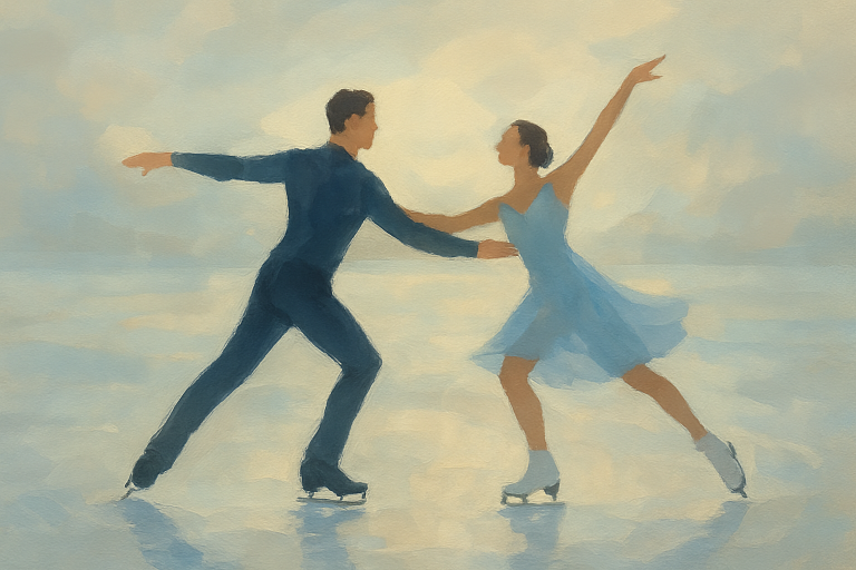 رقصندگان یخ در حال اجرای برنامه‌ای هنری روی سطح یخ