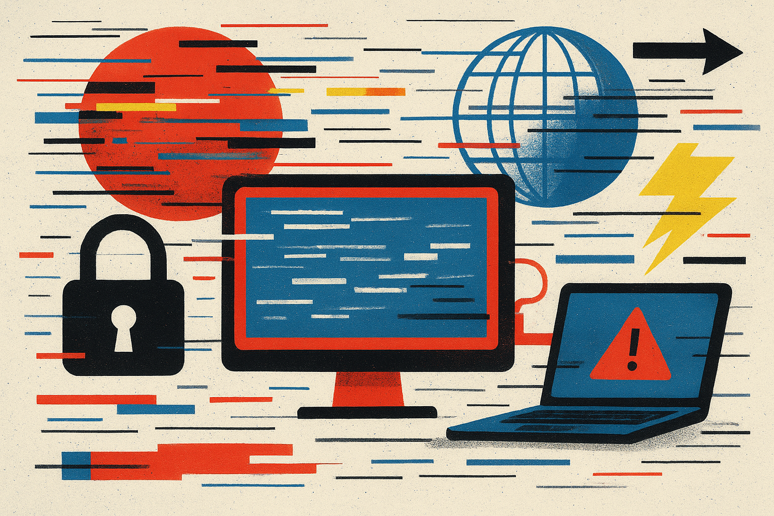 تصویر مفهومی اختلال رسانه‌ای با نمادهای دیجیتال