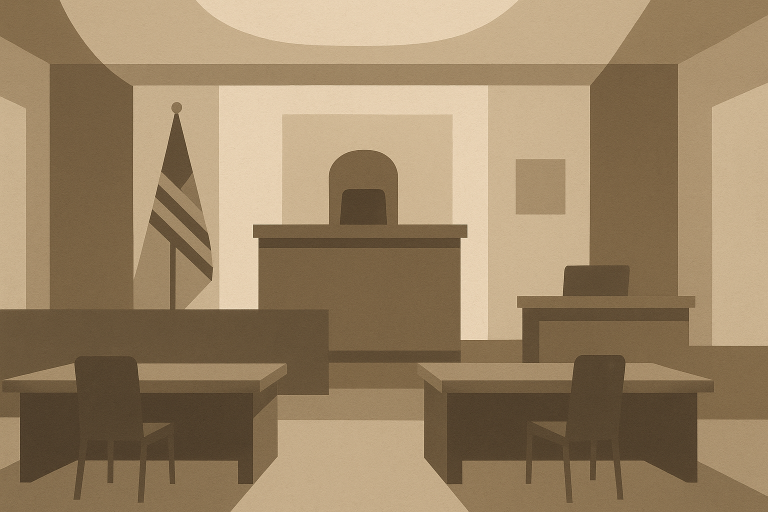 دادگاه با نور کم و صندلی‌های خالی