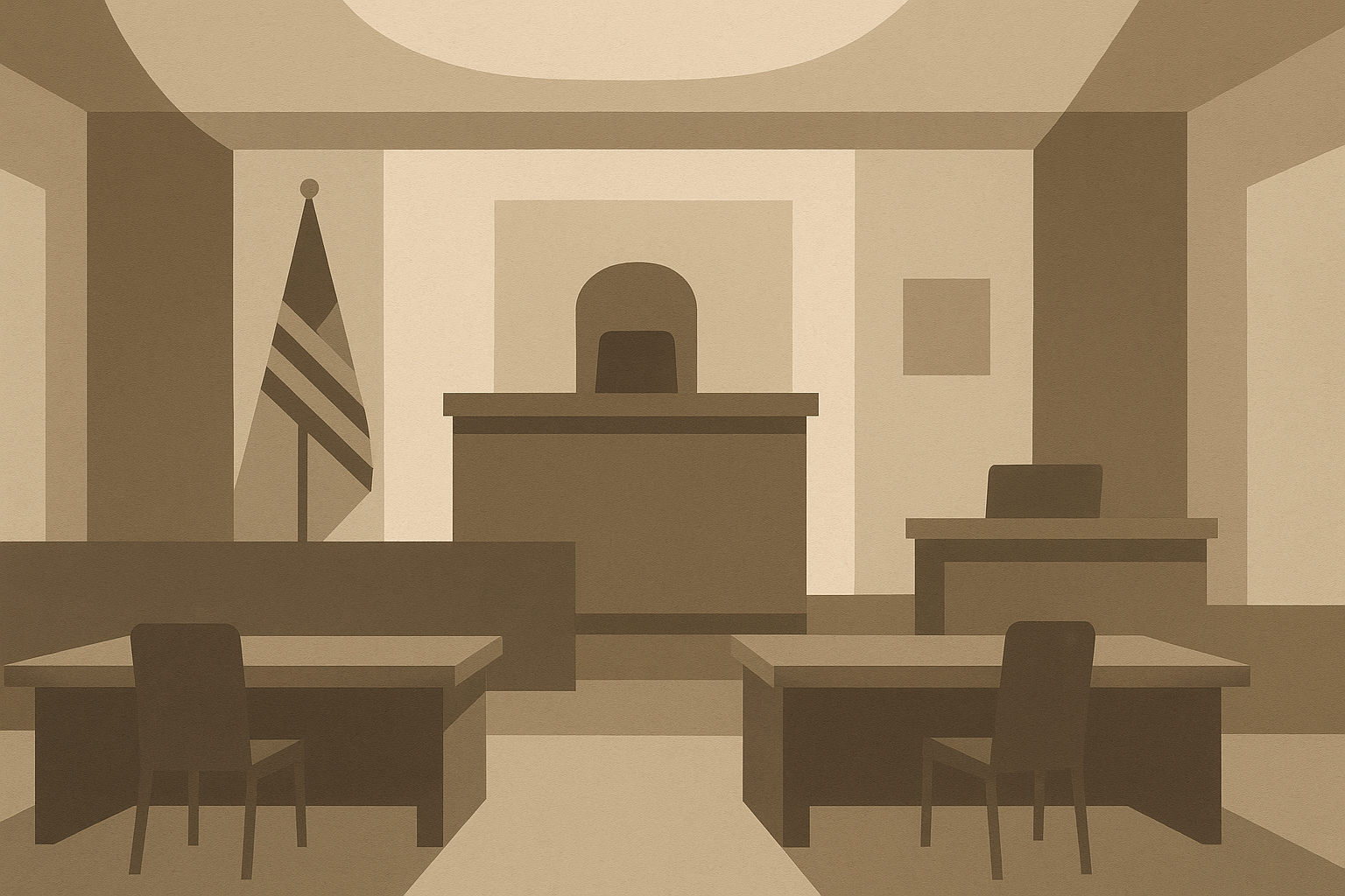 دادگاه با نور کم و صندلی‌های خالی