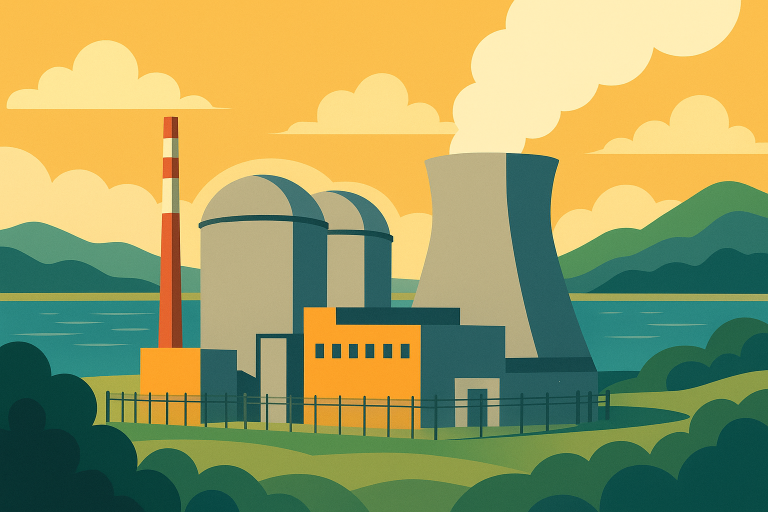 نمای کلی یک نیروگاه هسته‌ای بزرگ کنار ساحل