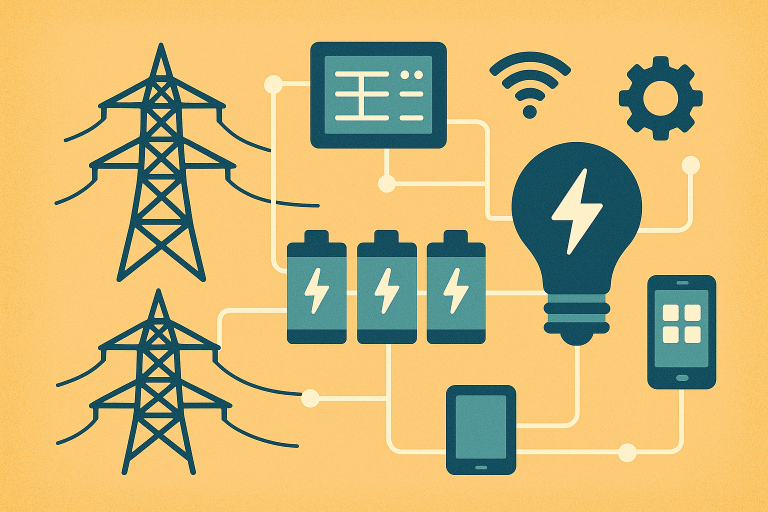 نمای مفهومی شبکه برق با باتری‌ها و فناوری هوشمند