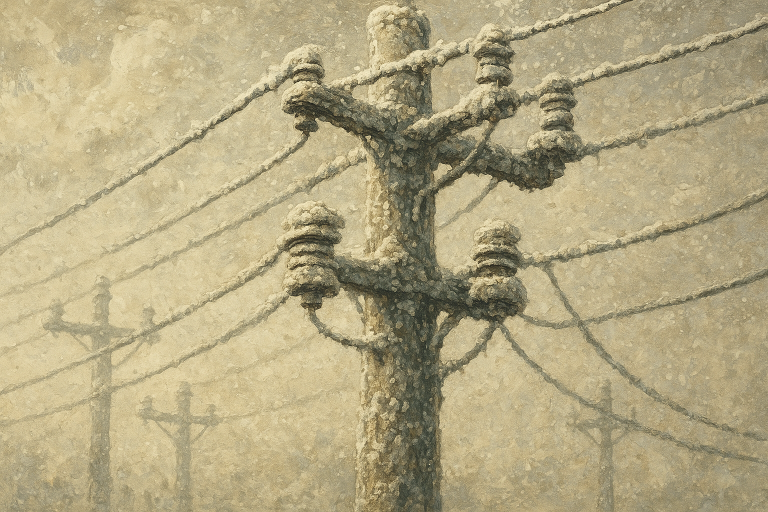 تیرهای برق با عایق‌های آلوده پوشیده شده