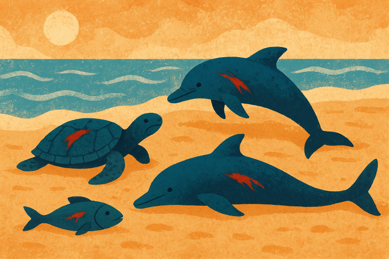 حیوانات دریایی آسیب دیده روی ساحل