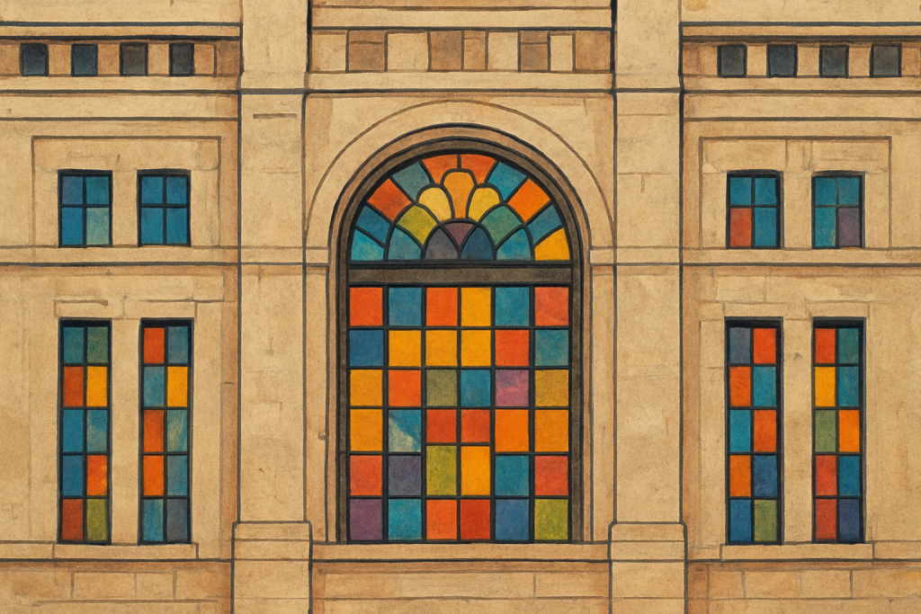 نمای بیرونی ساختمان تاریخی با پنجره‌های رنگی