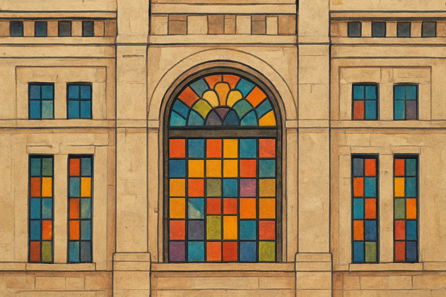 نمای بیرونی ساختمان تاریخی با پنجره‌های رنگی