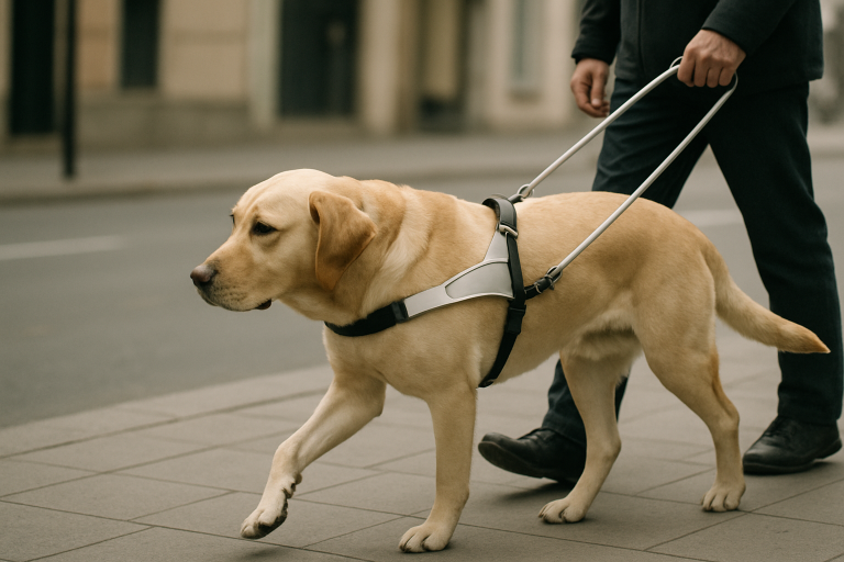 سگ راهنمای پوشیده شده با تجهیزات مخصوص در محیط شهری