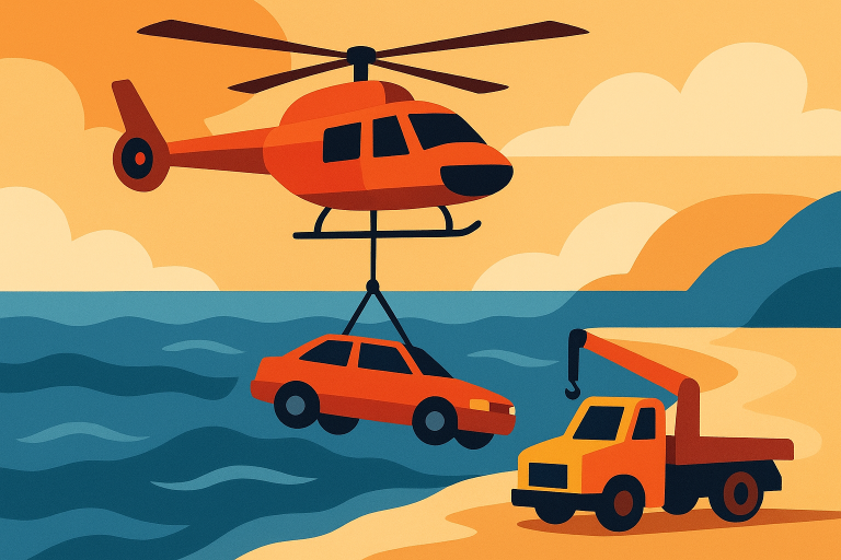 خودرویی که توسط هلیکوپتر کنار جاده بزرگ اقیانوس بالا کشیده می‌شود