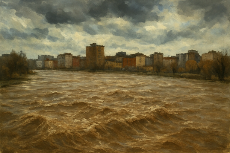 رودخانه فیتزروی با آب بالا در نزدیکی شهر