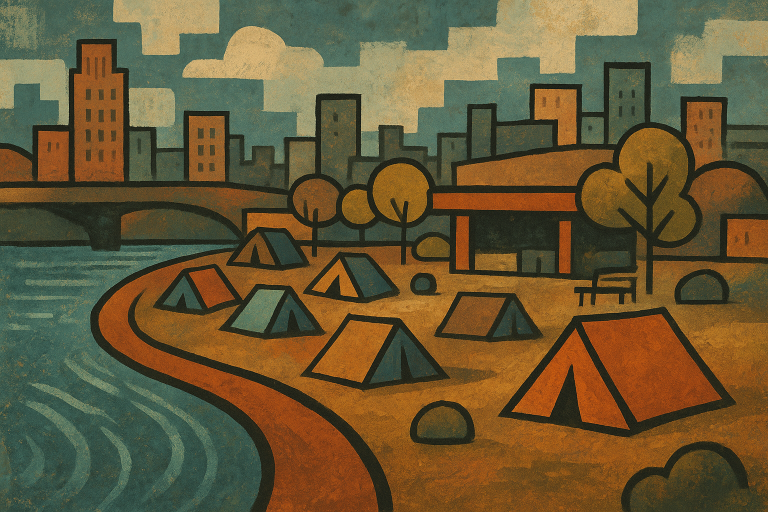 نمای رودخانه با چادرهای بی‌خانمان‌ها و محیط شهری اطراف