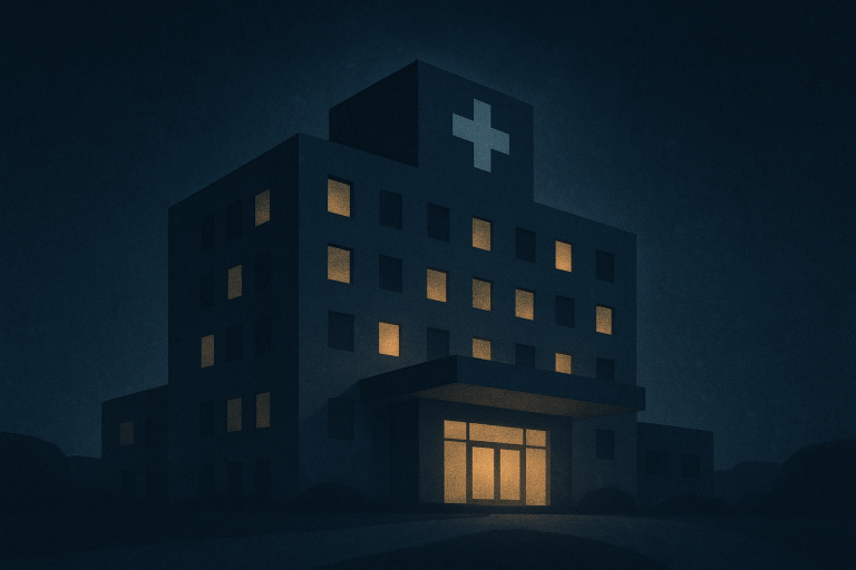 نمای بیرونی بیمارستان با نورپردازی شبانه