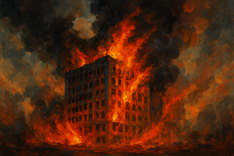 نمای بیرونی یک ساختمان تجاری آسیب دیده توسط آتش