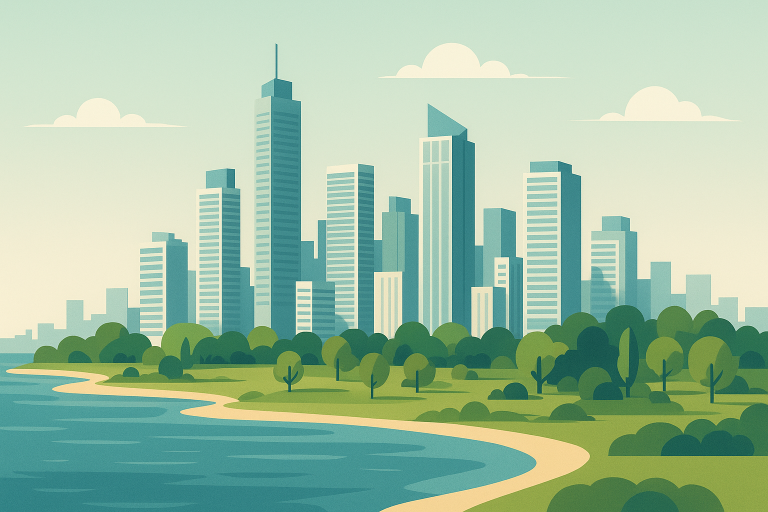 تصویری مفهومی از شهر مدرن با برج‌های بلند کنار ساحل