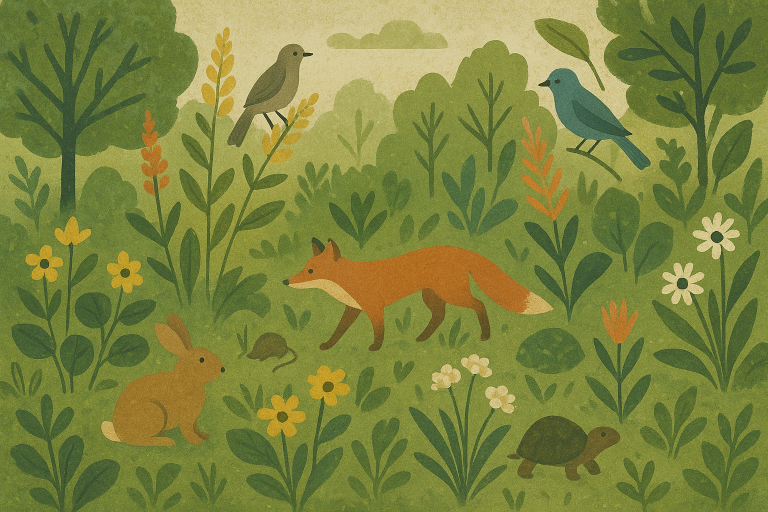 باغی با گیاهان متنوع بومی همراه با پرندگان وحشی