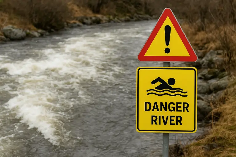 تابلو هشدار کنار رودخانه‌ای با جریان آب