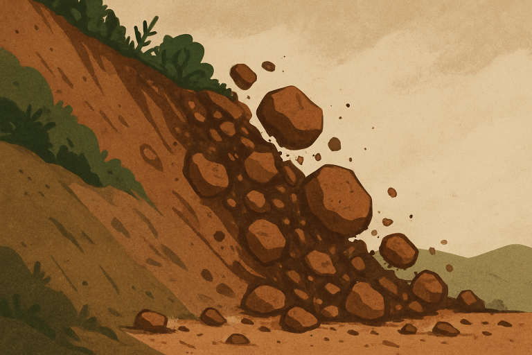 نمای نمادین لغزش زمین با خاک و سنگ روی شیب کوهستان