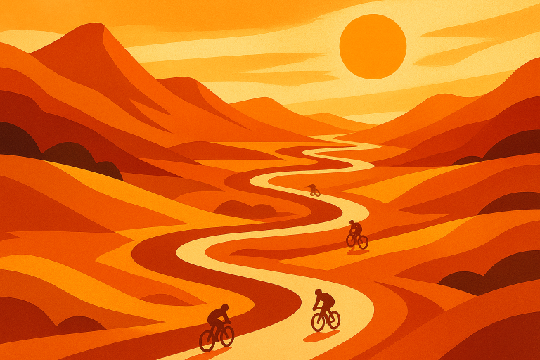 نمایی کلی از مسیر دوچرخه سواری در طبیعت گرم و خشک با نور خورشید شدید