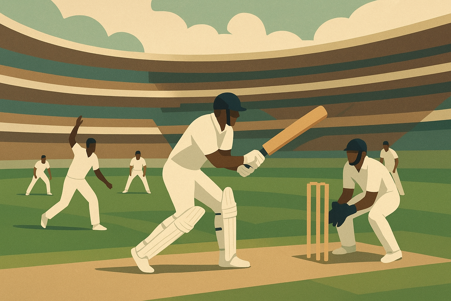 بازیکنان کریکت در حال رقابت در زمین ورزشی