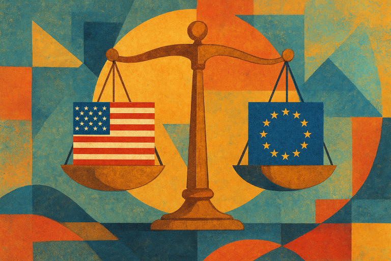 تصویر نمادین عدالت و پرچم‌ها