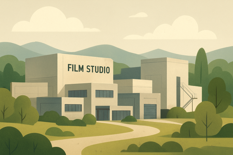 نمای کلی ساختمان‌های مدرن یک استودیوی فیلم‌سازی در محیط طبیعی