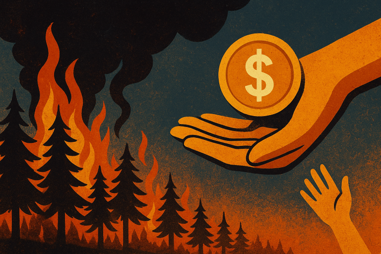 آتش سوزی جنگل با دود غلیظ در پس زمینه