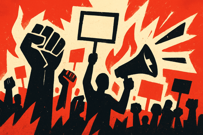 تصویر مفهومی اعتراضات مردمی با نمادهای انتزاعی