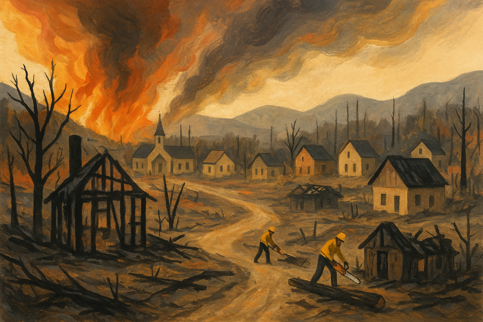 نمای کلی شهری کوچک آسیب دیده توسط آتش‌سوزی با ساختمان‌های سوخته