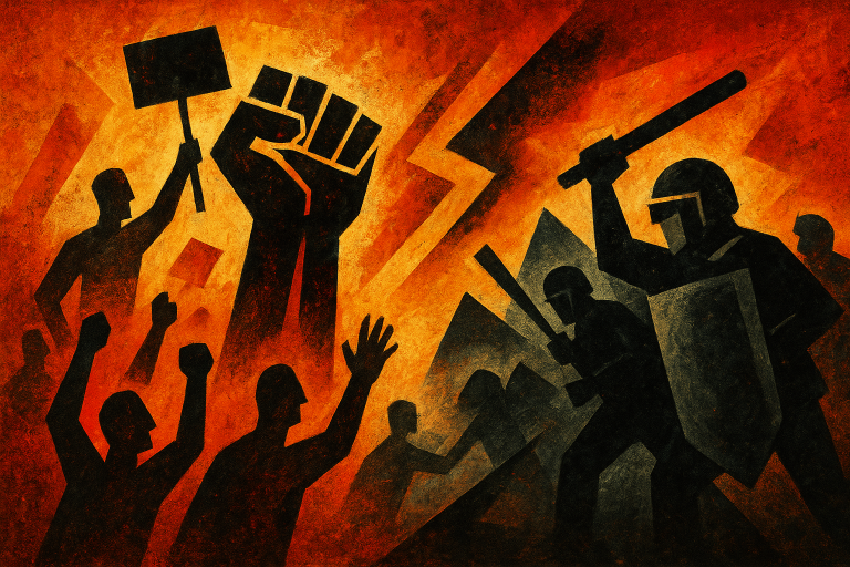 تصویری مفهومی از اعتراضات خیابانی با حضور نیروهای امنیتی