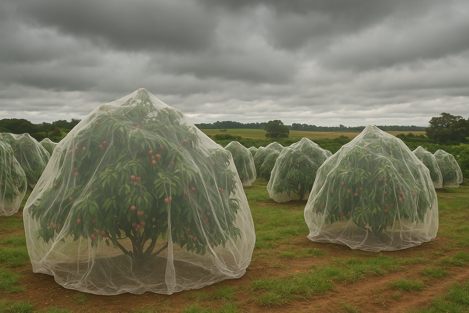 مزرعه‌ای با درختان لیچی تحت پوشش توری حفاظتی